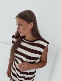 Sukienka maxi w paski z rozcięciem i poduszkami na ramionach Lou I Brązowo-Biała