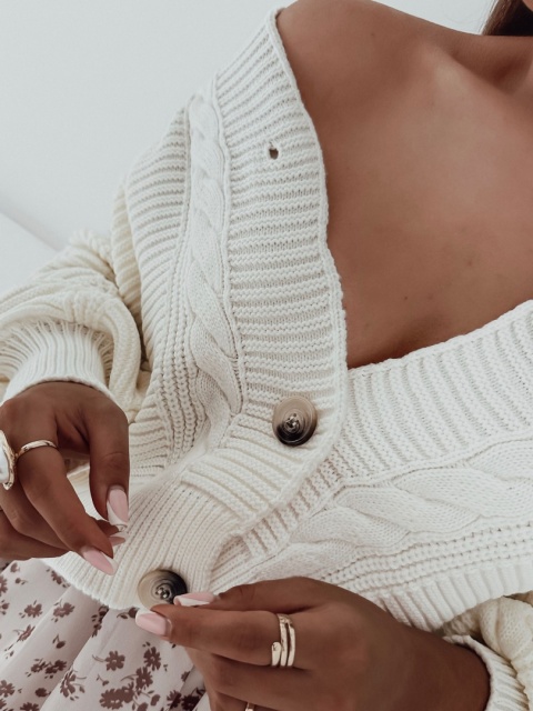 Sweter / Kardigan z wełną i guzikami warkoczowy splot Bari I Ecrue