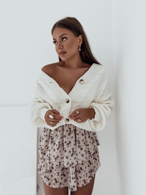 Sweter / Kardigan z wełną i guzikami warkoczowy splot Bari I Ecrue