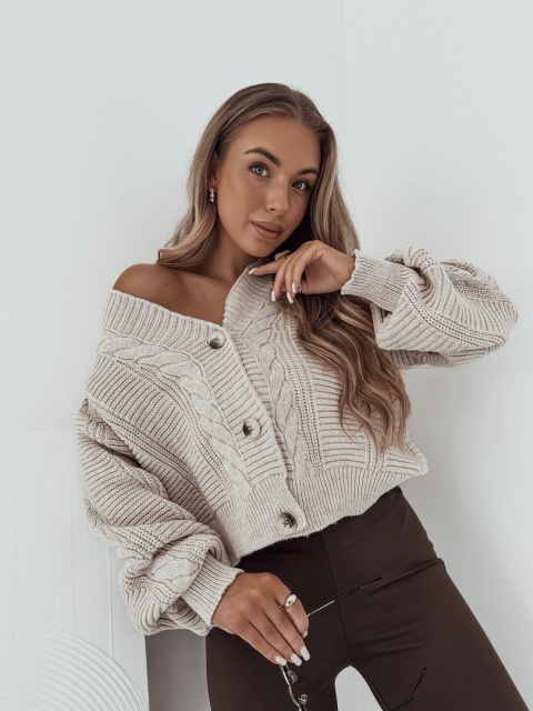 Sweter / Kardigan z wełną i guzikami warkoczowy splot Bari I Jasny Beż
