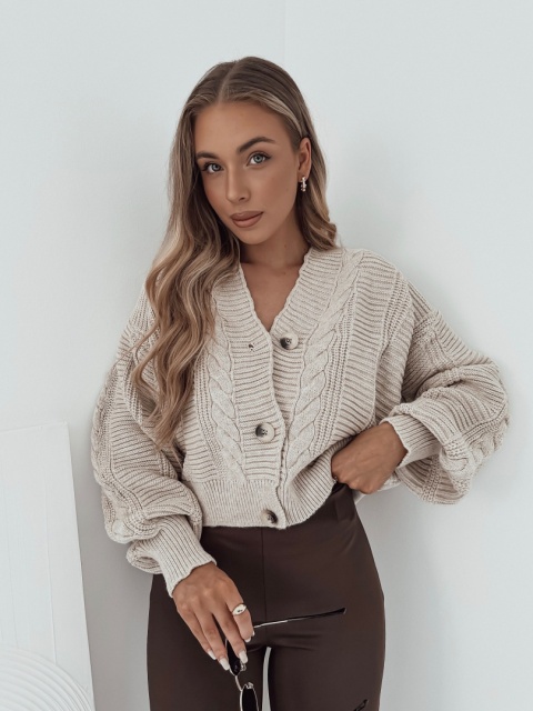 Sweter / Kardigan z wełną i guzikami warkoczowy splot Bari I Jasny Beż