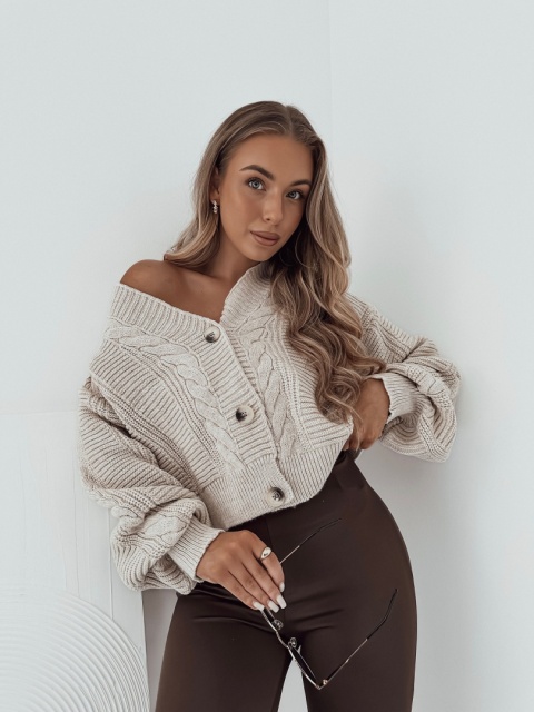 Sweter / Kardigan z wełną i guzikami warkoczowy splot Bari I Jasny Beż
